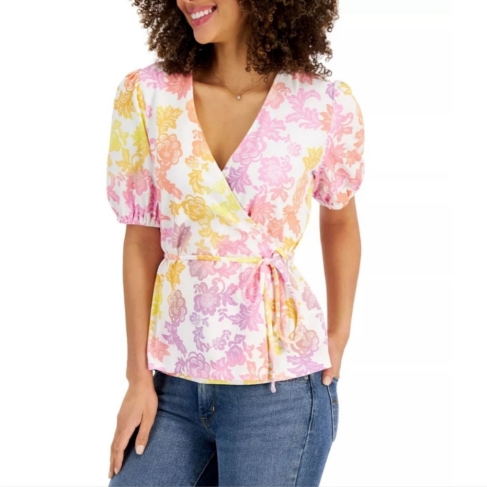 Floral Wrap Top - Pink, Yellow, White